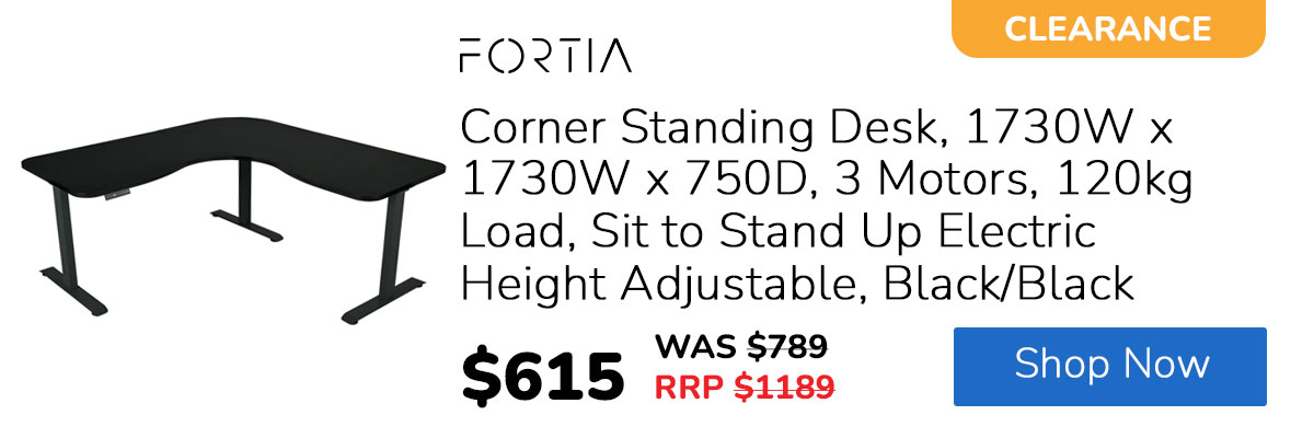 FORTIA Corner Standing Desk, 1730W x 1730W x 750D, 3 Motors, 120kg Load, Sit to Stand Up Electric Height Adjustable, Black/Black Frame