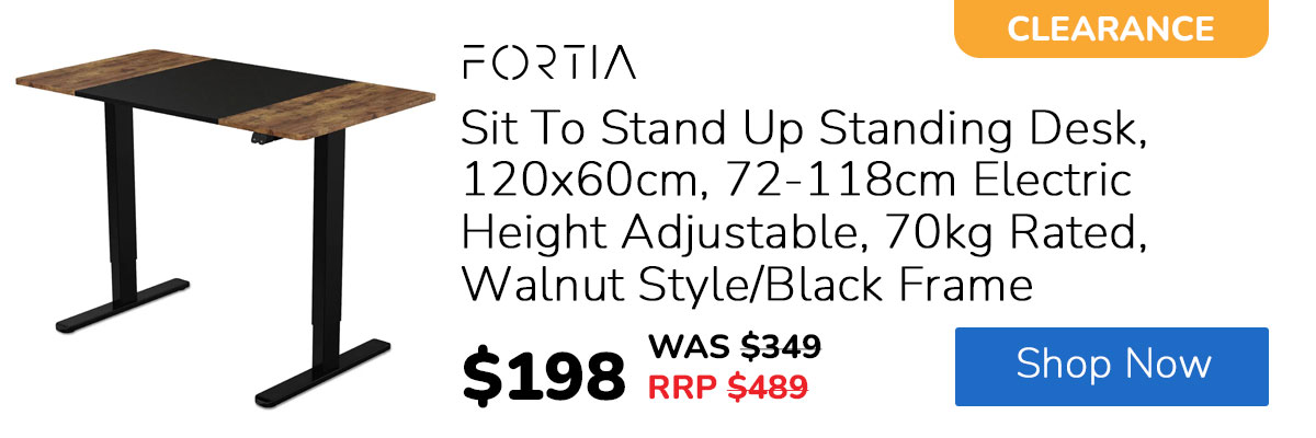 FORTIA Sit To Stand Up Standing Desk, 120x60cm, 72-118cm Electric Height Adjustable, 70kg Rated, Walnut Style/Black Frame