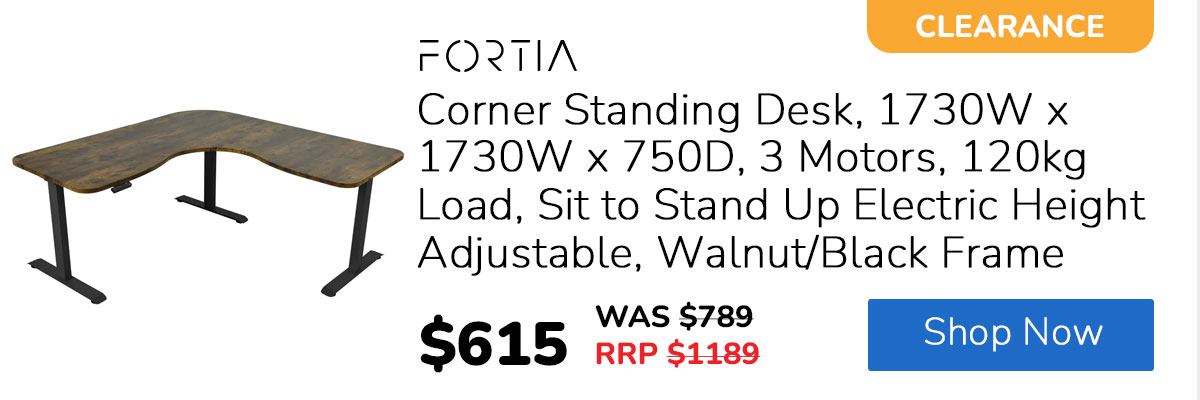 FORTIA Corner Standing Desk, 1730W x 1730W x 750D, 3 Motors, 120kg Load, Sit to Stand Up Electric Height Adjustable, Walnut/Black Frame