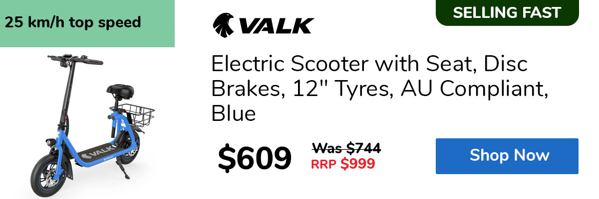 Electric Scooter with Seat, Disc Brakes, 12" Tyres, AU Compliant, Blue