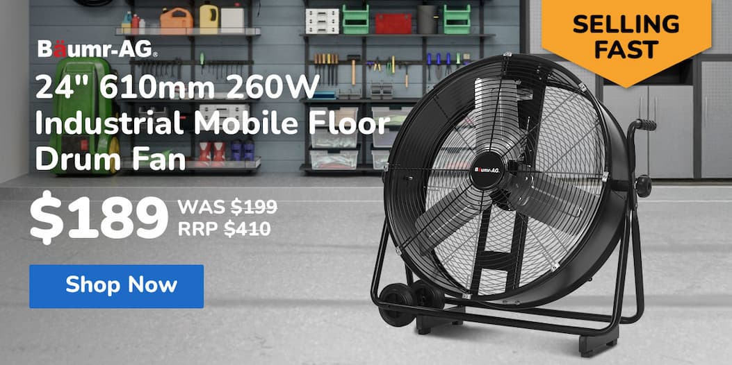BAUMR-AG 24" 610mm 260W Industrial Mobile Floor Drum Fan, Tilting, Large, Commercial, Heavy-duty Frame, EESS Certified