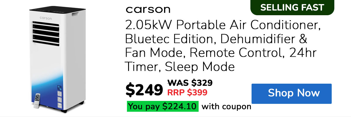 CARSON 2.05kW Portable Air Conditioner, Bluetec Edition, Dehumidifier & Fan Mode, Remote Control, 24hr Timer, Sleep Mode