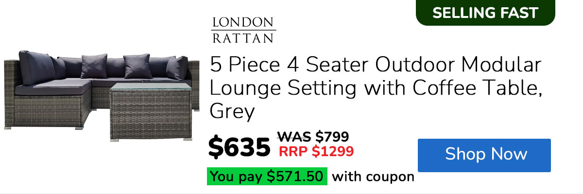LONDON RATTAN 5 Piece 4 Seater Outdoor Modular Lounge Setting with Coffee Table, Grey