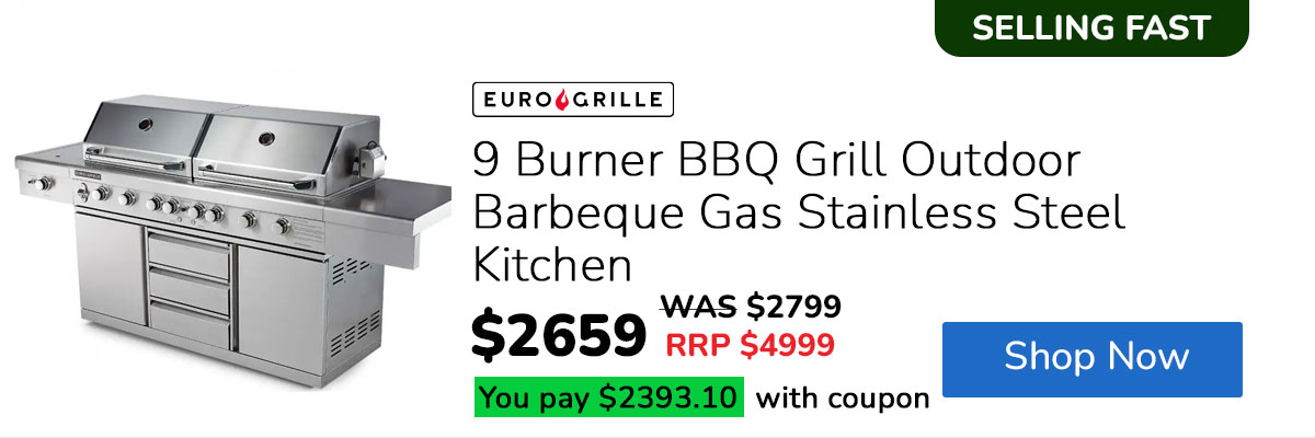 EuroGrille 9 Burner BBQ Grill Outdoor Barbeque Gas Stainless Steel Kitchen