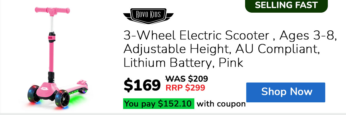 ROVO KIDS 3-Wheel Electric Scooter , Ages 3-8, Adjustable Height, AU Compliant, Lithium Battery, Pink