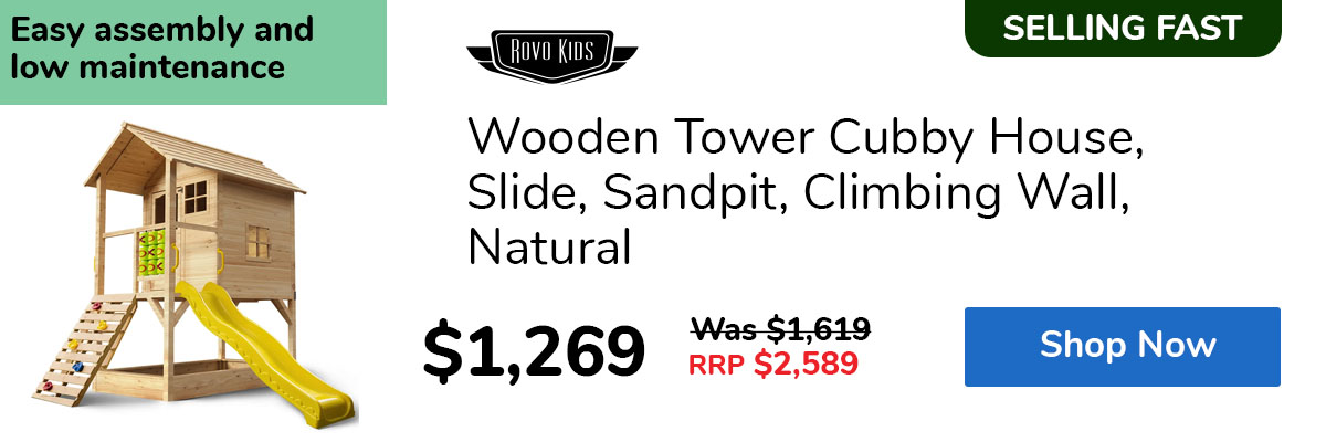 Wooden Tower Cubby House, Slide, Sandpit, Climbing Wall, Natural