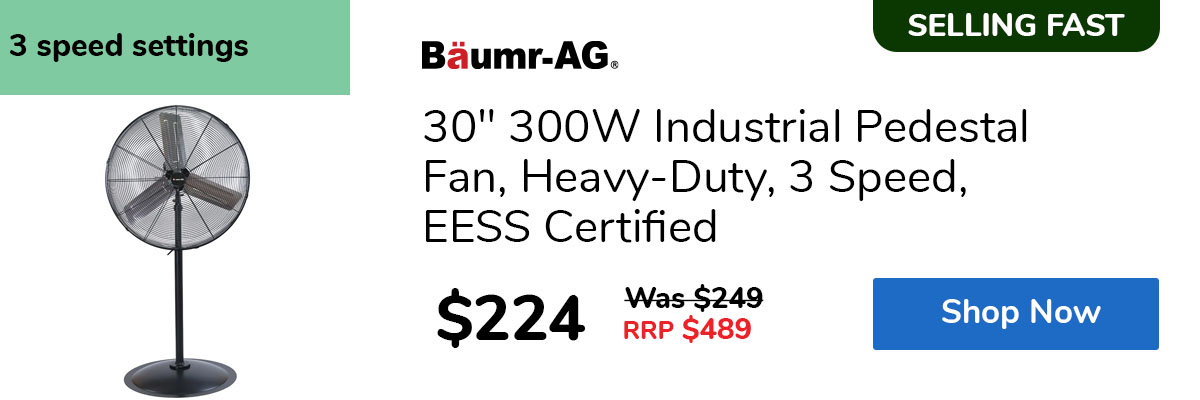 30" 300W Industrial Pedestal Fan, Heavy-Duty, 3 Speed, EESS Certified