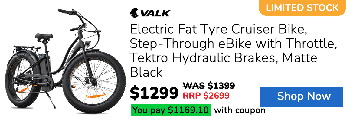 VALK Electric Fat Tyre Cruiser Bike, Step-Through eBike with Throttle, Tektro Hydraulic Brakes, Matte Black