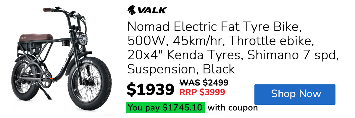 VALK Nomad Electric Fat Tyre Bike, 500W, 45km/hr, Throttle ebike, 20x4" Kenda Tyres, Shimano 7 spd, Suspension, Black