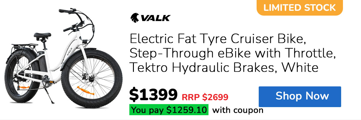 VALK Electric Fat Tyre Cruiser Bike, Step-Through eBike with Throttle, Tektro Hydraulic Brakes, White