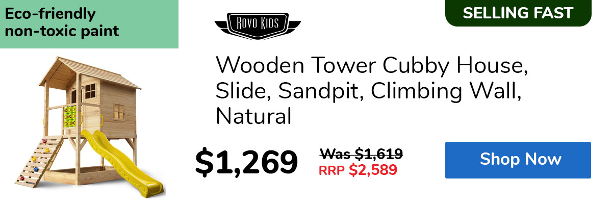 Wooden Tower Cubby House, Slide, Sandpit, Climbing Wall, Natural