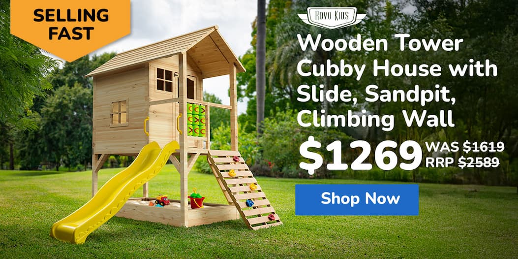 ROVO KIDS Wooden Tower Cubby House with Slide, Sandpit, Climbing Wall, Noughts & Crosses, Natural Colour