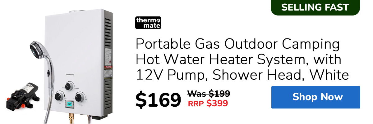 THERMOMATE Portable Gas Outdoor Camping Hot Water Heater System, with 12V Pump, Shower Head, White