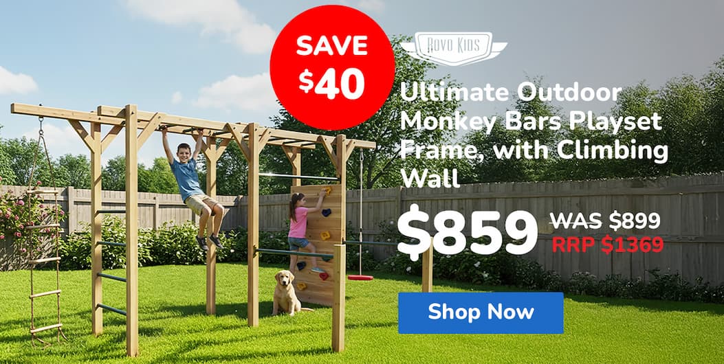 ROVO KIDS Ultimate Outdoor Monkey Bars Playset Frame, with Climbing Wall, Disc Swing, Rope Ladder