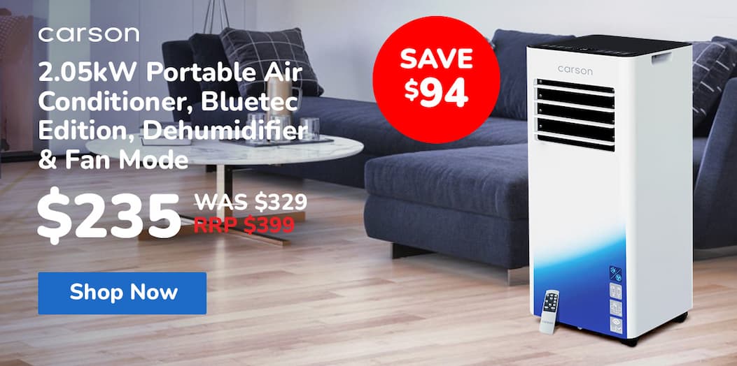 CARSON 2.05kW Portable Air Conditioner, Bluetec Edition, Dehumidifier & Fan Mode, Remote Control, 24hr Timer, Sleep Mode