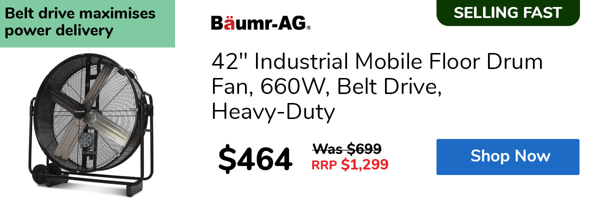 42" Industrial Mobile Floor Drum Fan, 660W, Belt Drive, Heavy-Duty