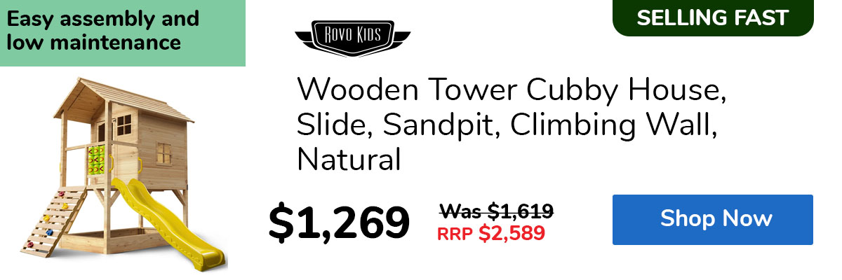 Wooden Tower Cubby House, Slide, Sandpit, Climbing Wall, Natural
