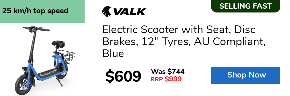 Electric Scooter with Seat, Disc Brakes, 12" Tyres, AU Compliant, Blue