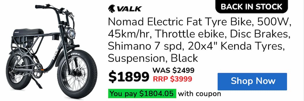 VALK Nomad Electric Fat Tyre Bike, 500W, 45km/hr, Throttle ebike, Disc Brakes, Shimano 7 spd, 20x4" Kenda Tyres, Suspension, Black