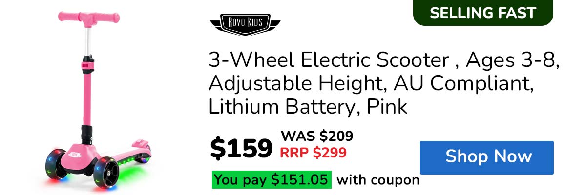ROVO KIDS 3-Wheel Electric Scooter , Ages 3-8, Adjustable Height, AU Compliant, Lithium Battery, Pink