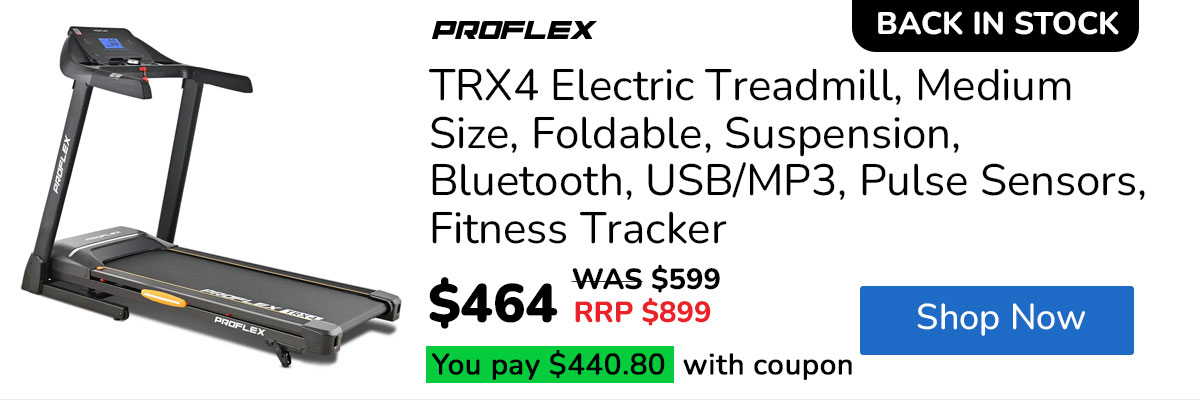 PROFLEX TRX4 Electric Treadmill, Medium Size, Foldable, Suspension, Bluetooth, USB/MP3, Pulse Sensors, Fitness Tracker