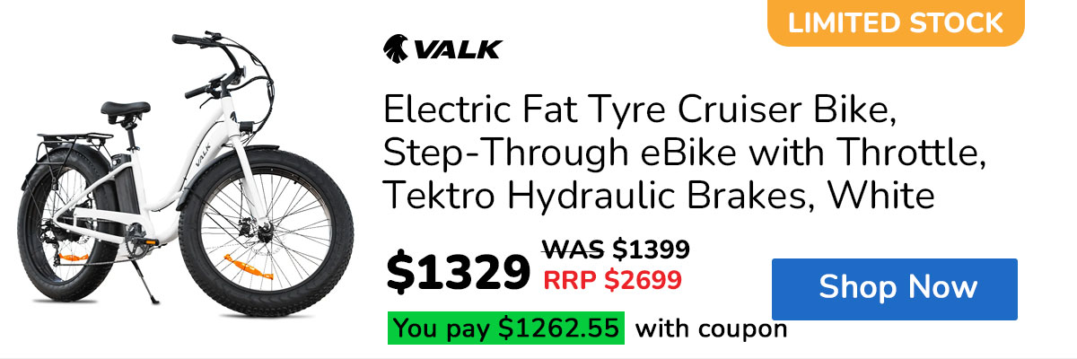 VALK Electric Fat Tyre Cruiser Bike, Step-Through eBike with Throttle, Tektro Hydraulic Brakes, White