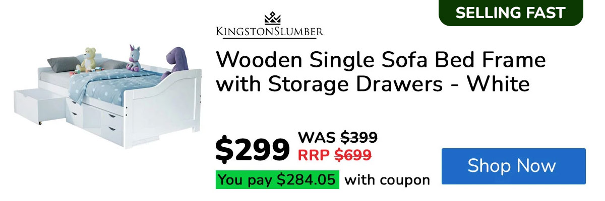 KINGSTON SLUMBER Wooden Single Sofa Bed Frame with Storage Drawers - White