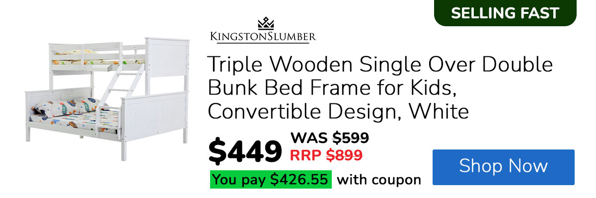 KINGSTON SLUMBER Triple Wooden Single Over Double Bunk Bed Frame for Kids, Convertible Design, White