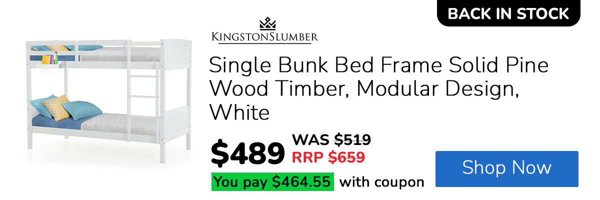 KINGSTON SLUMBER Single Bunk Bed Frame Solid Pine Wood Timber, Modular Design, White