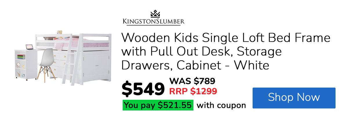 KINGSTON SLUMBER Wooden Kids Single Loft Bed Frame with Pull Out Desk, Storage Drawers, Cabinet - White