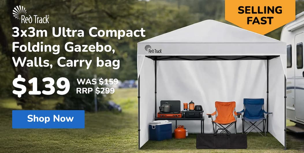 RED TRACK 3x3m Ultra Compact Folding Gazebo, Walls, Carry bag, Portable Outdoor Popup Marquee for Camping Beach, White