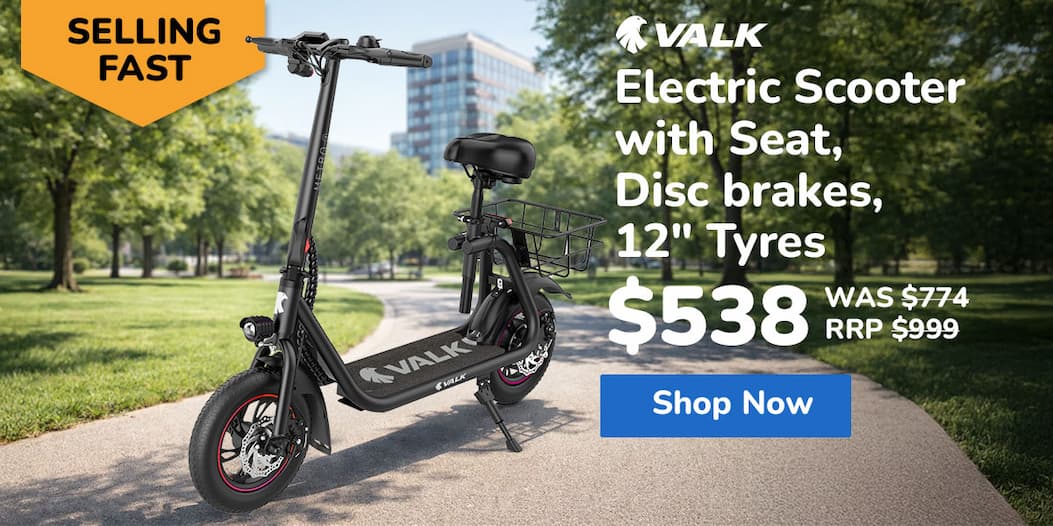 VALK Electric Scooter with Seat, Disc brakes, 12" Tyres, AU Compliant, for Adults, Teens, Commuter, Black