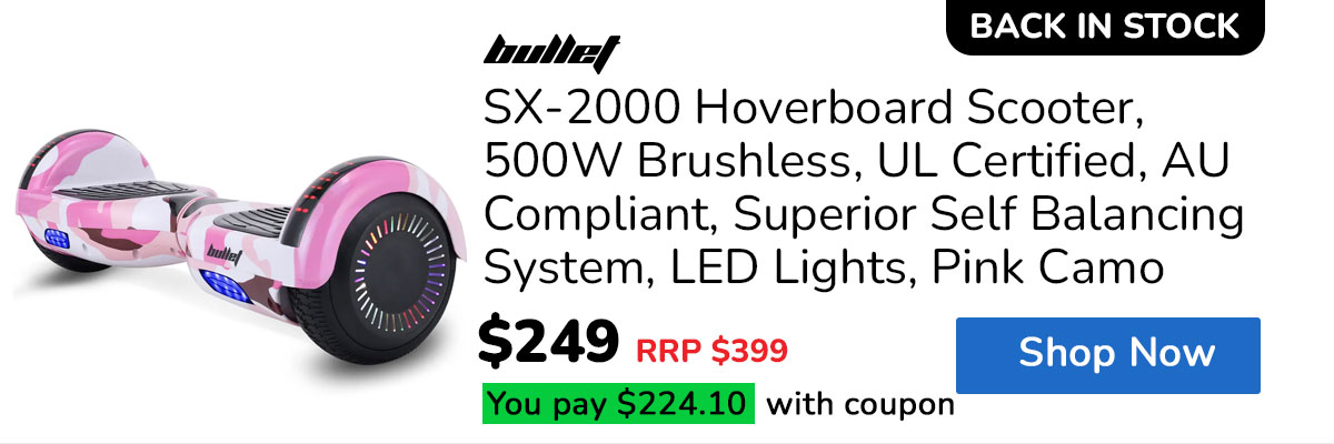BULLET SX-2000 Hoverboard Scooter, 500W Brushless, UL Certified, AU Compliant, Superior Self Balancing System, LED Lights, Pink Camo