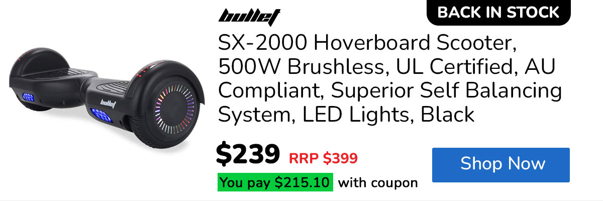 BULLET SX-2000 Hoverboard Scooter, 500W Brushless, UL Certified, AU Compliant, Superior Self Balancing System, LED Lights, Black