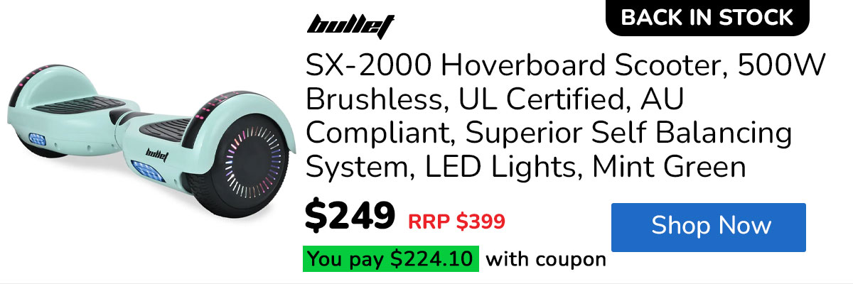 BULLET SX-2000 Hoverboard Scooter, 500W Brushless, UL Certified, AU Compliant, Superior Self Balancing System, LED Lights, Mint Green