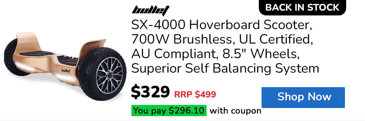 BULLET SX-4000 Hoverboard Scooter, 700W Brushless, UL Certified, AU Compliant, 8.5" Wheels, Superior Self Balancing System, LED Lights, Carry Bag, Bronze