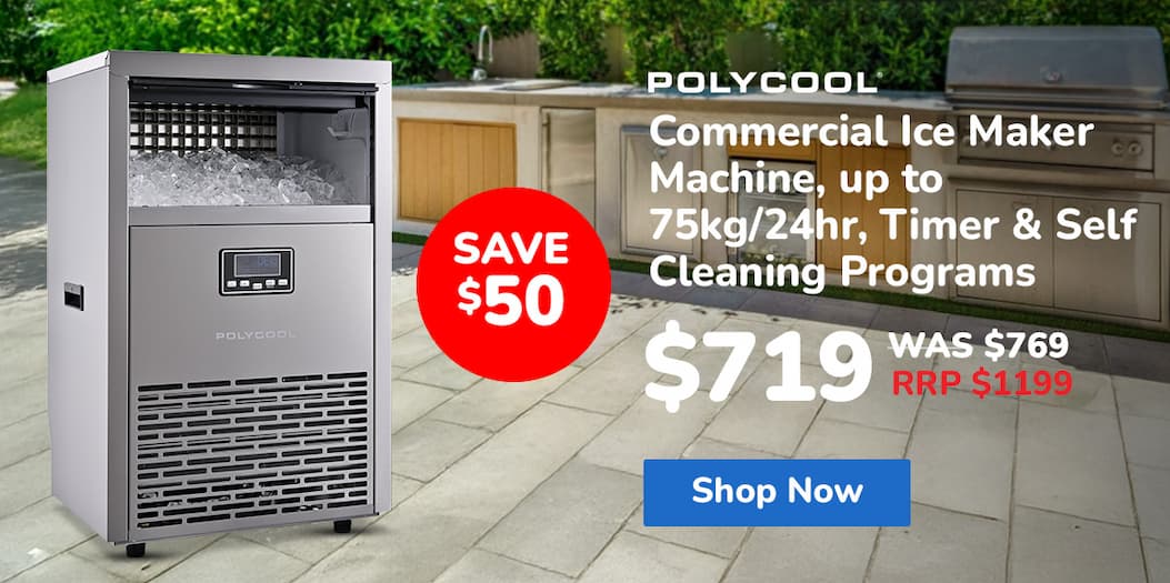 POLYCOOL Commercial Ice Maker Machine, up to 75kg/24hr, Timer & Self Cleaning Programs