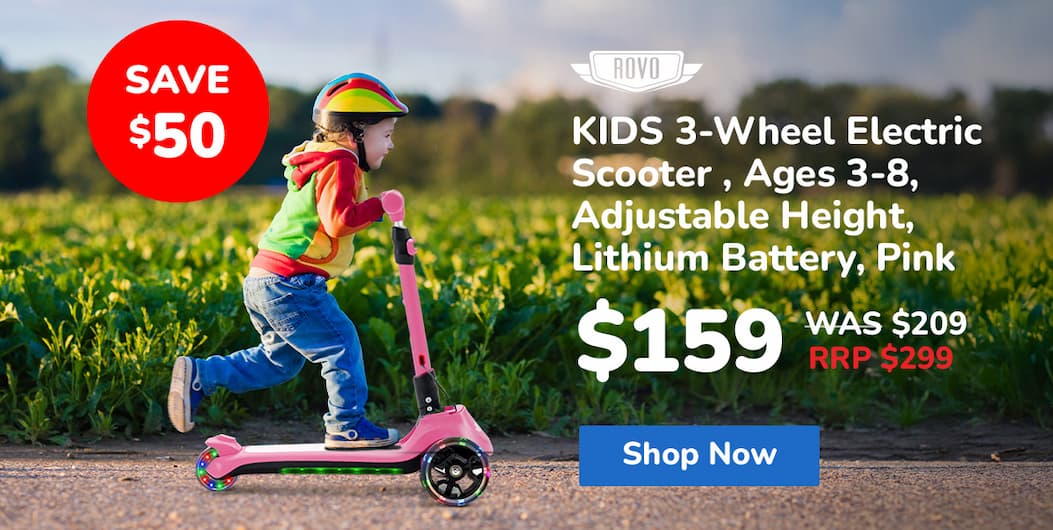 ROVO KIDS 3-Wheel Electric Scooter , Ages 3-8, Adjustable Height, AU Compliant, Lithium Battery, Pink