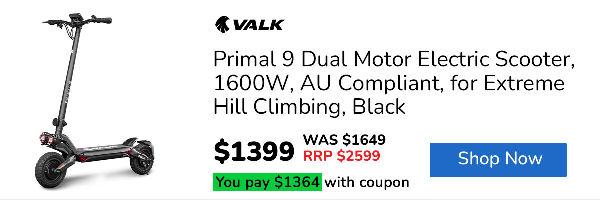 VALK Primal 9 Dual Motor Electric Scooter, 1600W, AU Compliant, for Extreme Hill Climbing, Black