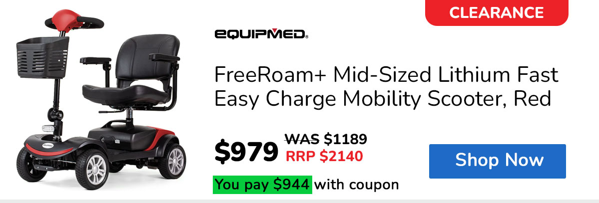 EQUIPMED FreeRoam+ Mid-Sized Lithium Fast Easy Charge Mobility Scooter, Red