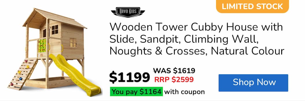 ROVO KIDS Wooden Tower Cubby House with Slide, Sandpit, Climbing Wall, Noughts & Crosses, Natural Colour