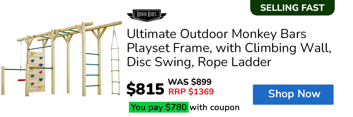ROVO KIDS Ultimate Outdoor Monkey Bars Playset Frame, with Climbing Wall, Disc Swing, Rope Ladder