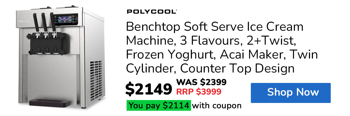 POLYCOOL Benchtop Soft Serve Ice Cream Machine, 3 Flavours, 2+Twist, Frozen Yoghurt, Acai Maker, Twin Cylinder, Counter Top Design, 15A Plug