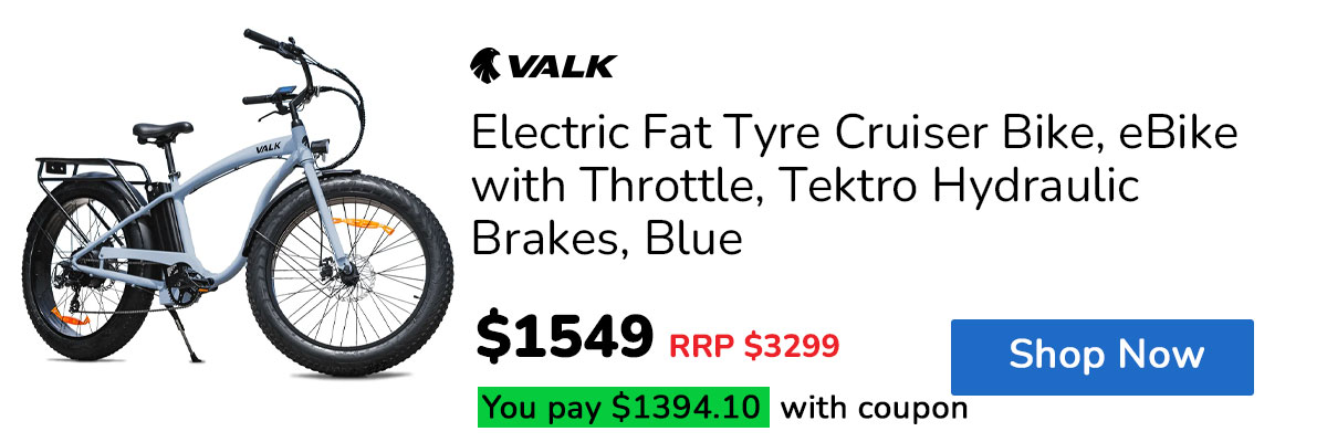 VALK Electric Fat Tyre Cruiser Bike, eBike with Throttle, Tektro Hydraulic Brakes, Blue