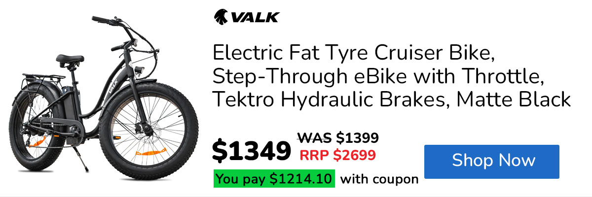 VALK Electric Fat Tyre Cruiser Bike, Step-Through eBike with Throttle, Tektro Hydraulic Brakes, Matte Black