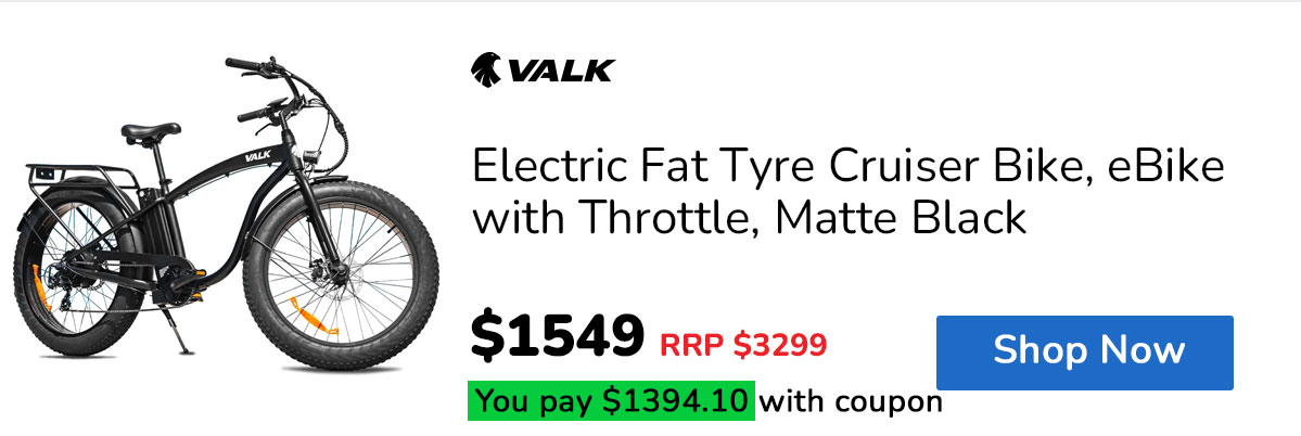 VALK Electric Fat Tyre Cruiser Bike, eBike with Throttle, Matte Black