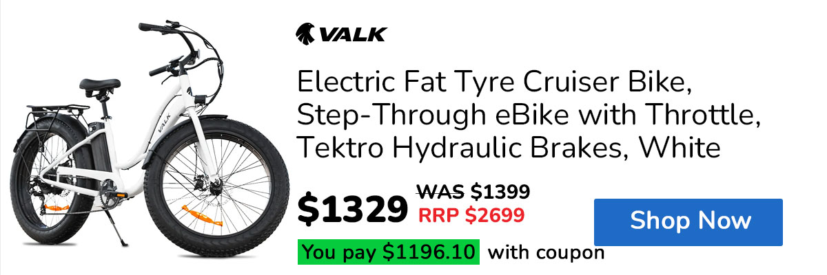 VALK Electric Fat Tyre Cruiser Bike, Step-Through eBike with Throttle, Tektro Hydraulic Brakes, White