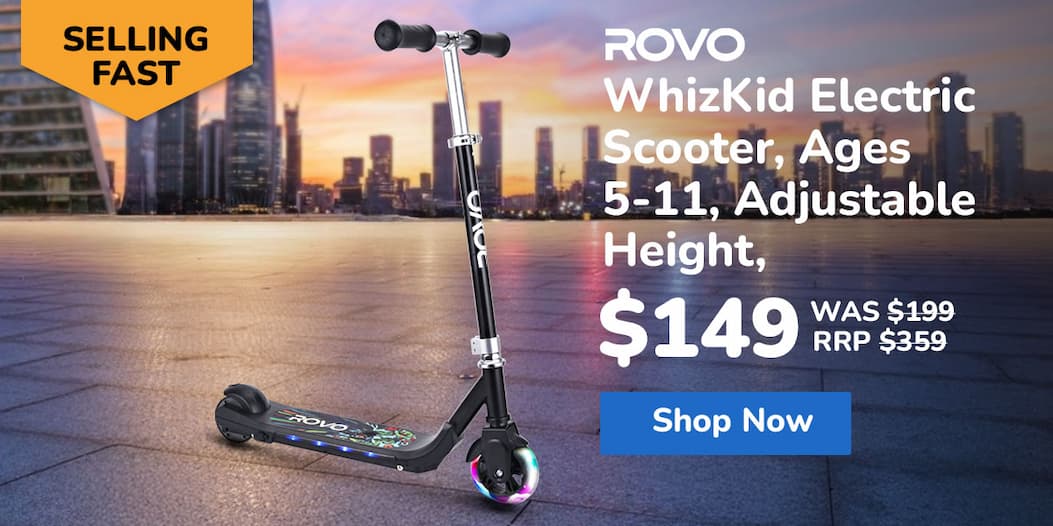 ROVO KIDS WhizKid Electric Scooter, Ages 5-11, Adjustable Height, AU Compliant, Lithium Battery, Brushless Motor, Black