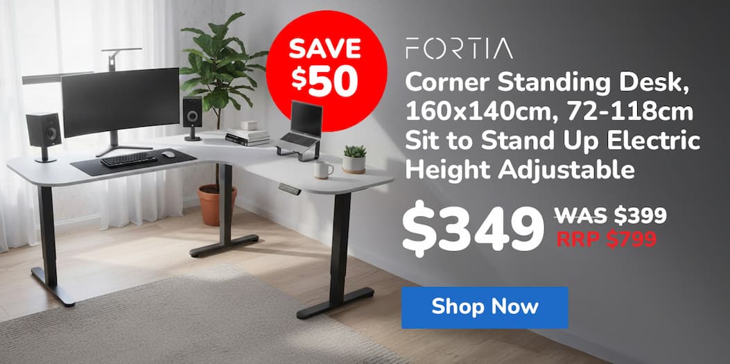 FORTIA Corner Standing Desk, 160x140cm, 72-118cm Sit to Stand Up Electric Height Adjustable, White Desktop/Black Frame