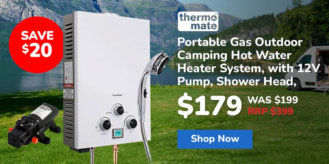 THERMOMATE Portable Gas Outdoor Camping Hot Water Heater System, with 12V Pump, Shower Head, White